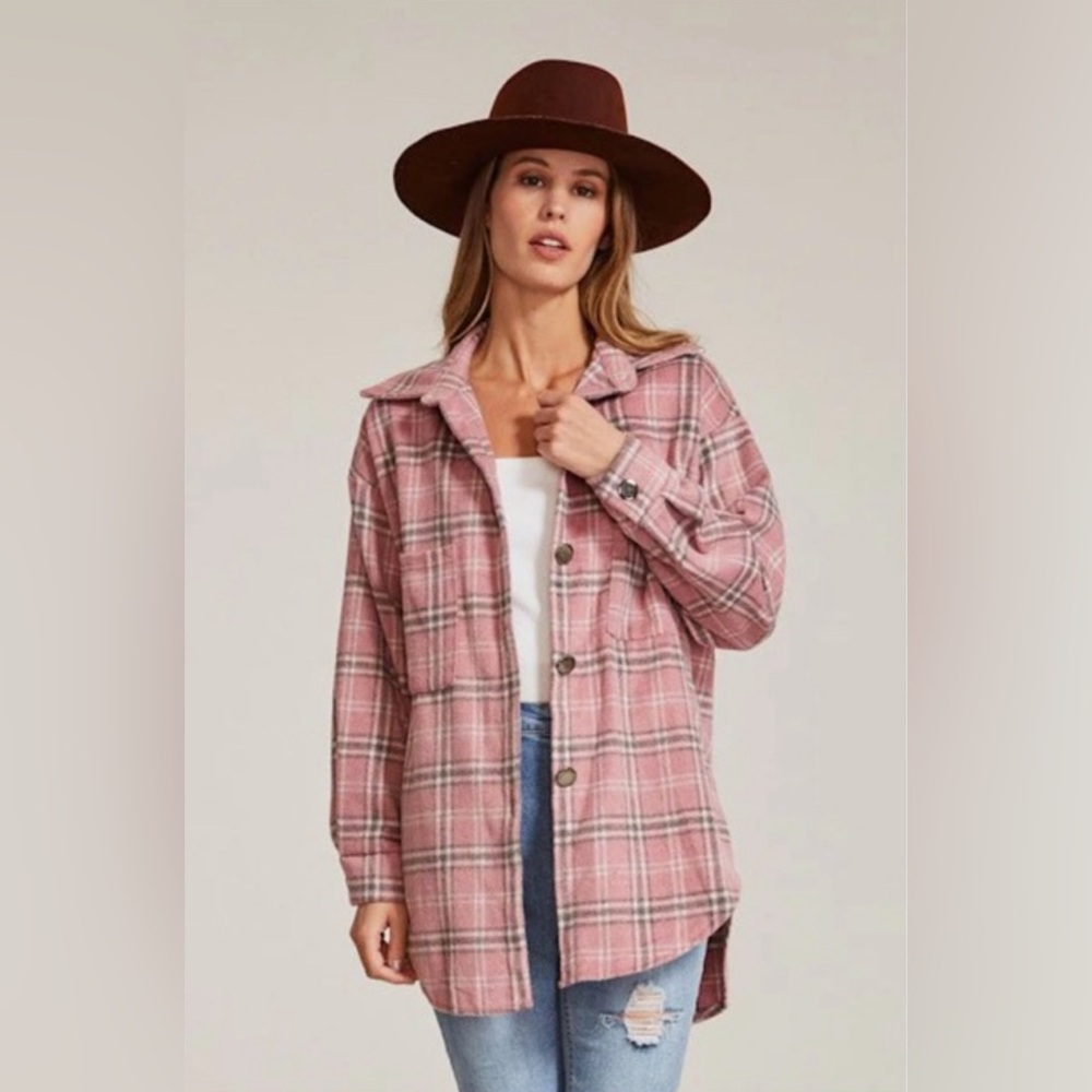 New Fall Pink And Gray Plaid Button Down Shacket